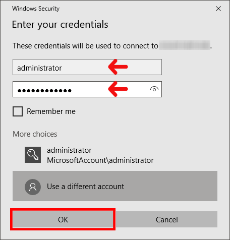 ورود رمز و نام کاربری برای اتصال به ویندوز سرور
