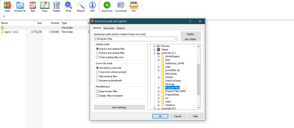 اکسترکت فایل زیپ Nginx در ویندوز سرور