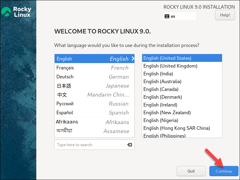انتخاب زبان Rocky Linux 9