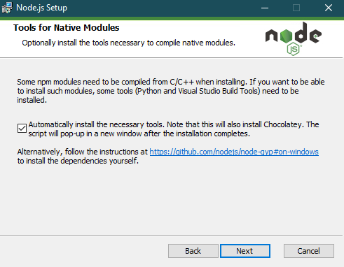 علامت زدن کادر نصب خودکار ابزارها برای Node.js در ویندوز سرور 
