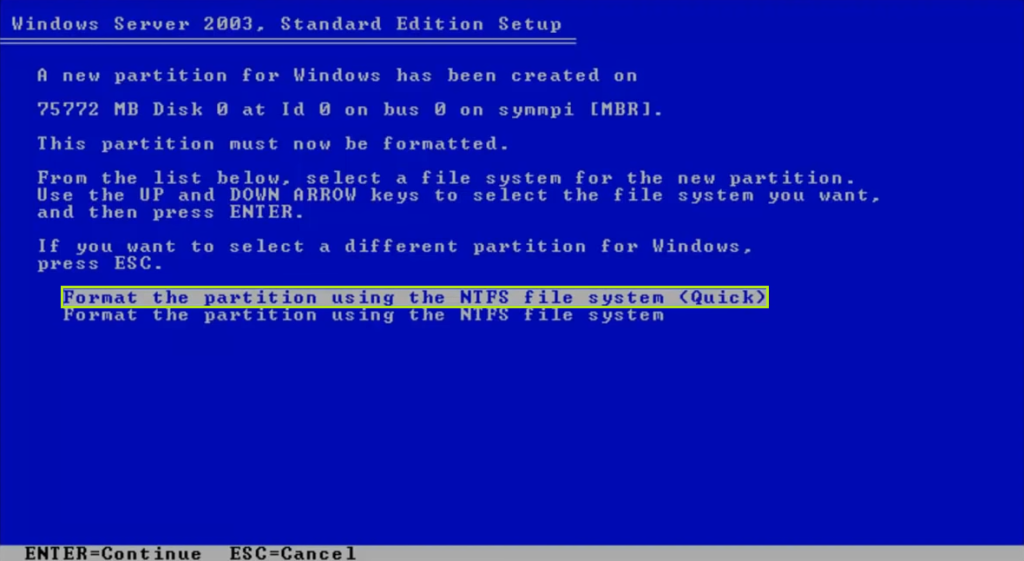 فرمت پارتیشن برای نصب مایکروسافت ویندوز 2003