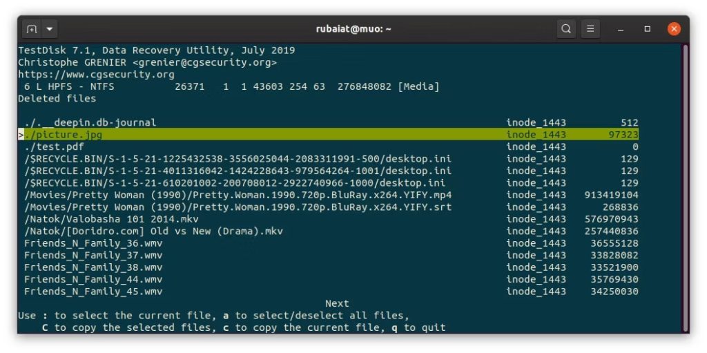 Linux'ta silinen dosyaları kurtarmak için TestDisk'i kullanma