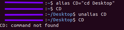 مثال unalias بعد از اجرای دستور alias در لینوکس