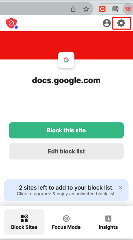 کالیک روی آیگکون تنظیمات blocksite