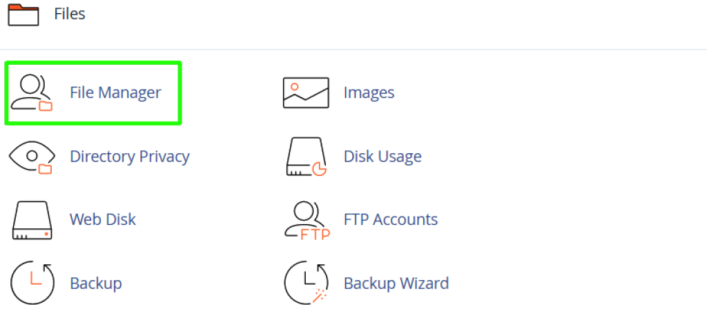 کلیک روی file manager برای تغییر دسترسی فایل های در سی پنل