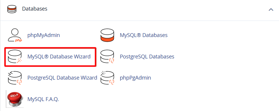MySQL veritabanı sihirbazına tıklayın