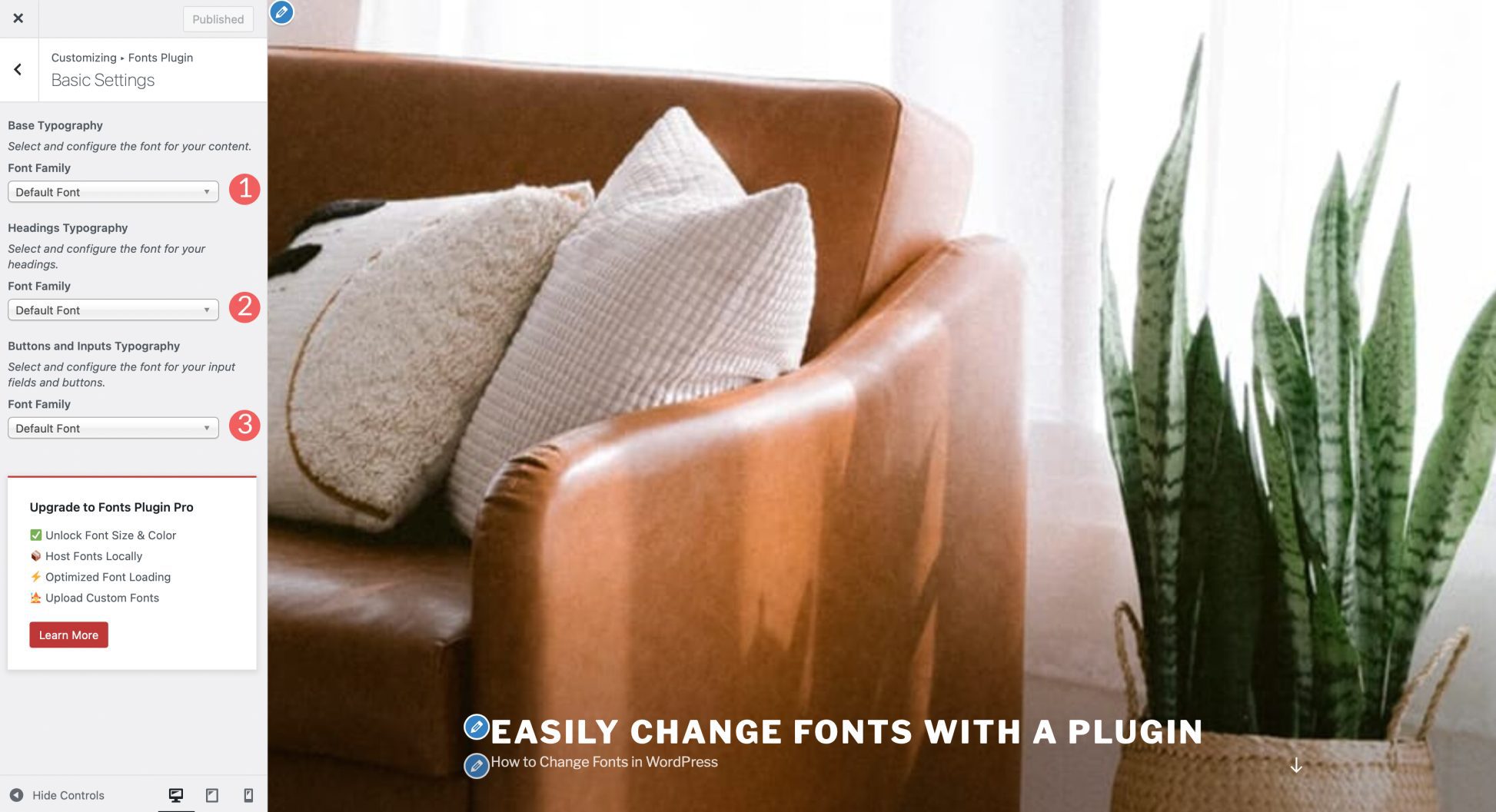 تنظیمات افزونه Fonts Plugin برای تغییر فونت