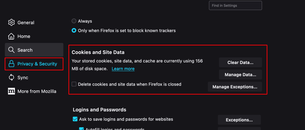 کلیک روی تب privacy در فایرفاکس