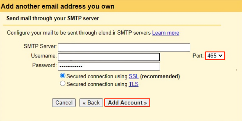 وارد کردن اطلاعات smtp برای تکمیل اتصال ایمیل هاست به جیمیل