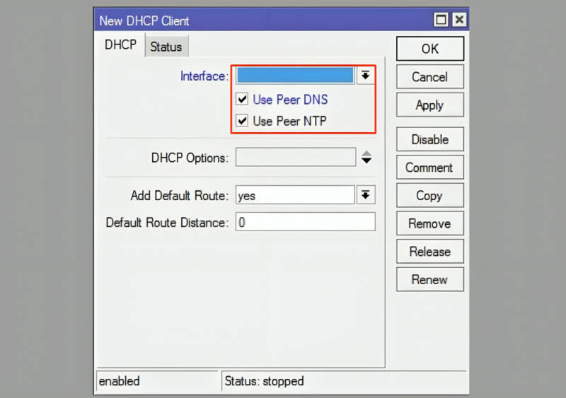 تکمیل فیلدهای dhcp client