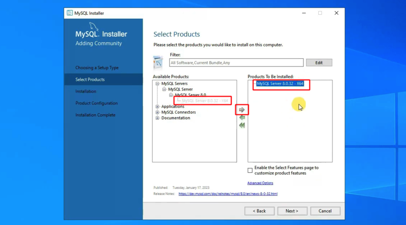 انتخاب mysql server