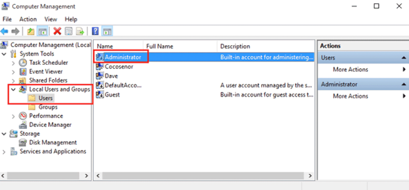 administrator در local users and groups